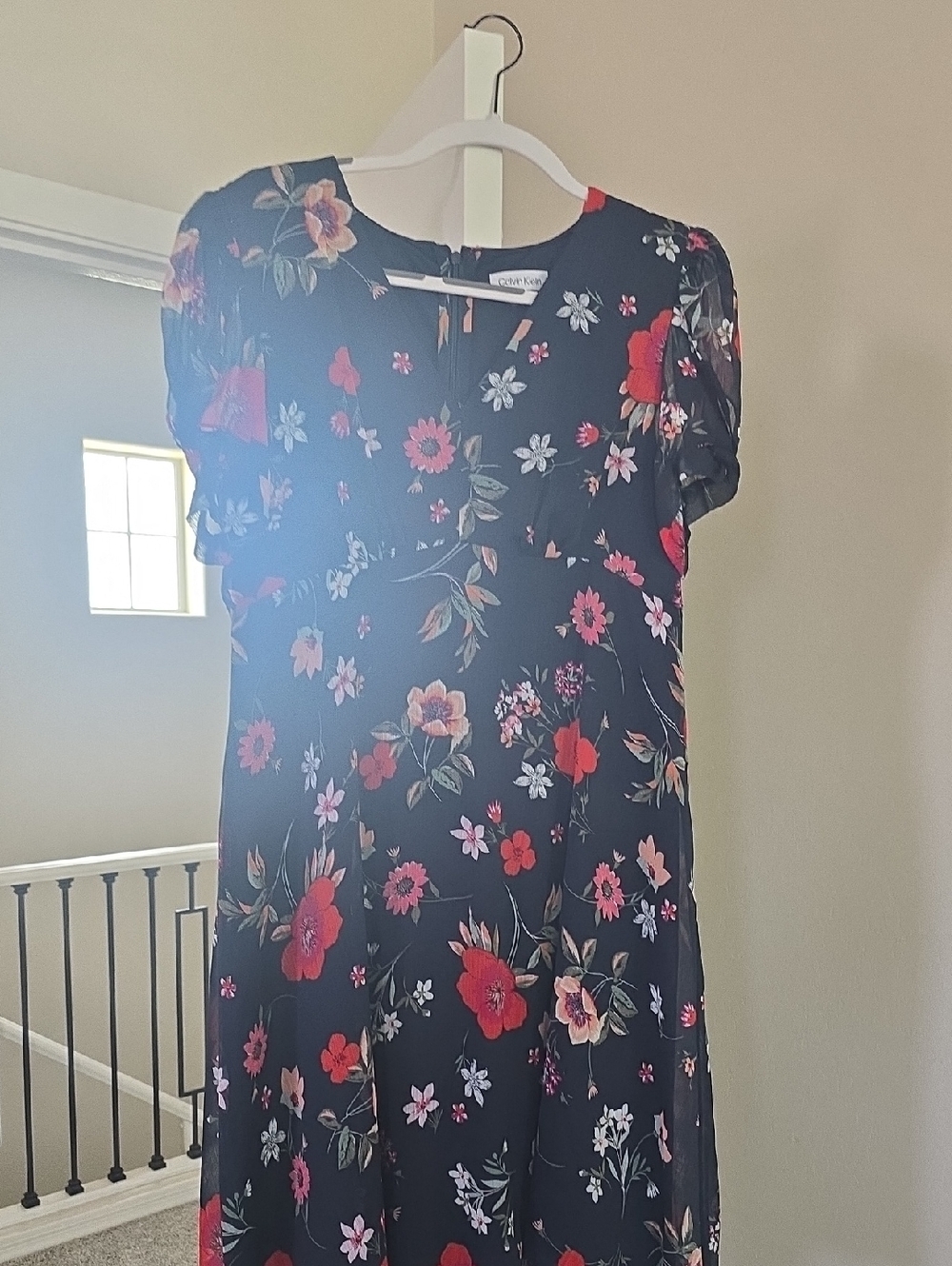 Calvin Klein Black Midi Dress with Red and Pink Floral Print